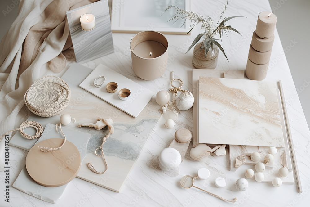Poster a variety of different items neatly arranged on a table, creating a diverse and eclectic display