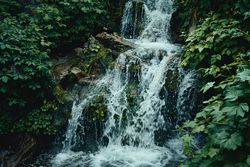 A cascading waterfall surrounded by lush green vegetation.