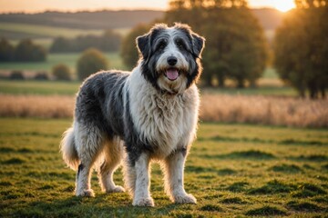 full body of Polish Lowland Sheepdog dog on blurred countryside background, copy space