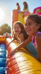 Fototapeta premium A group of young girls are having fun on a bouncy castle. Generative AI.