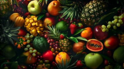 A vibrant assortment of fresh fruits like pineapple, mango, and berries set in a lush arrangement.