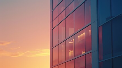 Modern office architectural building with glass window reflected with orange sunlight. Corporate building financial skyscraper office building construction with evening sky with orange sun ray. AIG42.