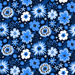 Floral Seamless Pattern in Blue Colors. Contemporary Flat Style Vector Illustration. Repeat Fabric Wallpaper Print Texture. Perfectly for wrapping paper, textile, decor ornament, cover.
