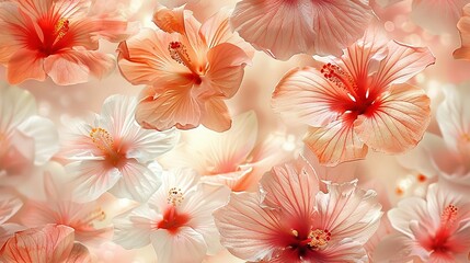   A close-up photo of an array of blooms against a white and pink backdrop, showcasing numerous pink and orange blossoms