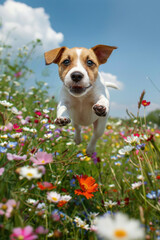 A dog joyfully runs through a colorful field of blooming flowers