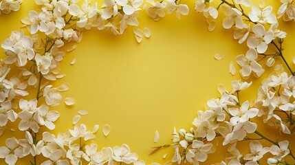 Vibrant yellow background adorned with white jasmine flowers and ample copy space.