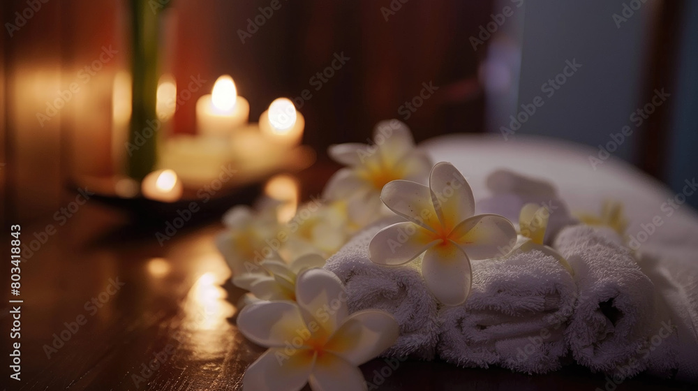 Poster close-up of a towel neatly placed on a table, with flickering candles in the background creating a w