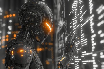 This image captures a sleek robot interacting with a digital tablet amidst the shelves of a modern, futuristic library or data center