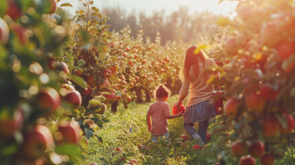 A mother and her child picking apples in an orchard, trees laden with red apples, a sunny and cheerful day