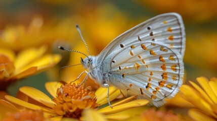 A close up of a butterfly sitting on top of some yellow flowers, AI