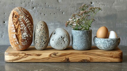 Obraz premium Wooden cutting board displays various loafs of bread, including one in an egg-filled vase