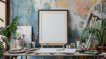 mockup showcasing a poster frame in an art studio or creative workspace environment - Powered by Adobe