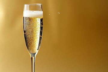 A single, elegant champagne flute, bubbles ascending gracefully, set against a solid, festive gold background, evoking celebration, sophistication, and joy. 32k, full ultra hd, high resolution