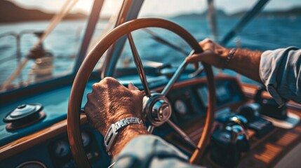 Close-up of a man's hands steering a boat with a wooden wheel during a sunny day at sea. - Powered by Adobe
