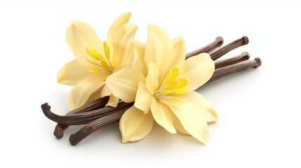 Realistic illustration of three yellow lilies with vanilla flower pods on a white background. - Powered by Adobe