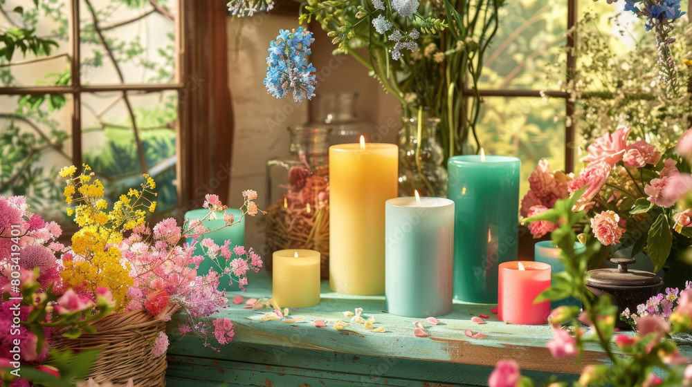 Poster a window sill is filled with numerous candles in various vibrant colors, creating a striking display