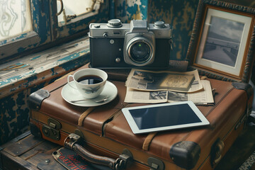 Vintage Suitcase With Camera, Tablet, and Coffee Cup
