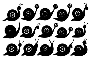 A Set of 27pcs hand drawn snail black Silhouette Design with white Background and Vector Illustration