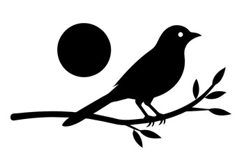 Bird Silhouette on Sunset Branch: Vector Illustration for Wall Art & Posters white background 