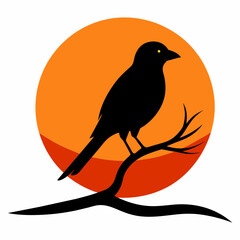 Bird Silhouette on Sunset Branch: Vector Illustration for Wall Art & Posters white background 