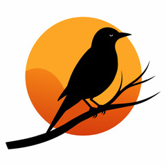Bird Silhouette on Sunset Branch: Vector Illustration for Wall Art & Posters white background 