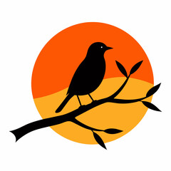 Bird Silhouette on Sunset Branch: Vector Illustration for Wall Art & Posters white background 