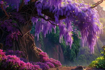 A cascading vine covered in vibrant purple wisteria blossoms, creating a picturesque scene.