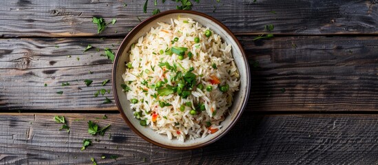 Pilaf presented on a wooden background in a plate, seen from above, with space for text.