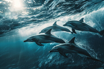 A mesmerizing shot of a pod of dolphins swimming through stormy blue water, with waves crashing...