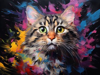 Artistic portrayal of a domestic cat, rendered in colorful oil strokes.