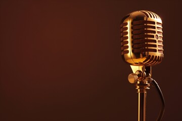 An old-fashioned microphone with a gold finish, its luxurious appearance set against a solid, dark...