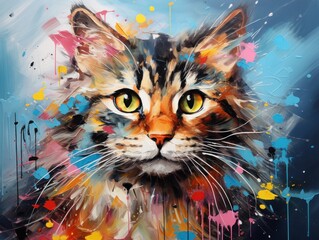 Abstract oil painting of a cute cat, emphasizing its adorable features.