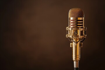 An old-fashioned microphone with a gold finish, its luxurious appearance set against a solid, dark chocolate brown background.