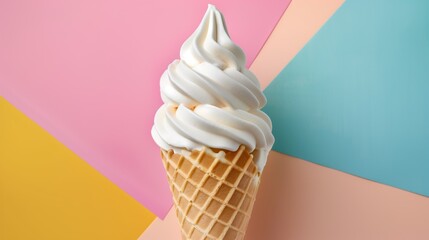 Vanilla soft serve ice cream cone against a pastel geometric background
