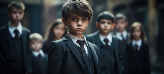 A young boy in a suit and tie standing in front of a group of school children. Generative AI.
