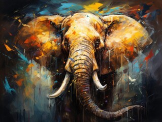 An elephant with large tusks stands in front of a multicolored background.