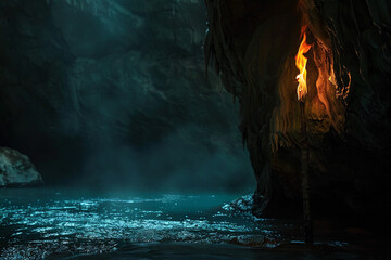 A burning torch illuminates a dark cave