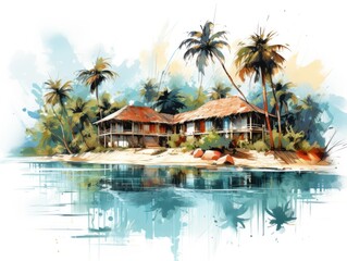 A painting of a beach house surrounded by palm trees and a body of water.