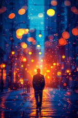 A man walking down a street in the city at night, AI