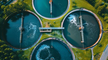 Aerial view of a water purification plant with circular tanks in a lush green setting.