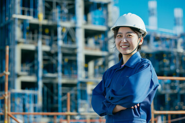 Young asian female engineer in a white hard hat and blue overalls smiling at the camera with a construction site filled with scaffolding in the background, exuding professionalism and confidence