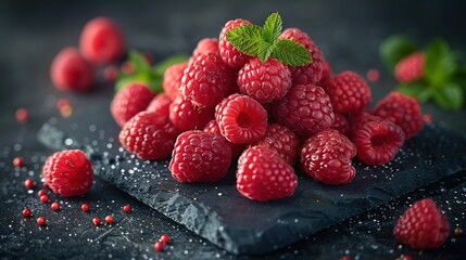   Pile of raspberries atop slate with leaf on top