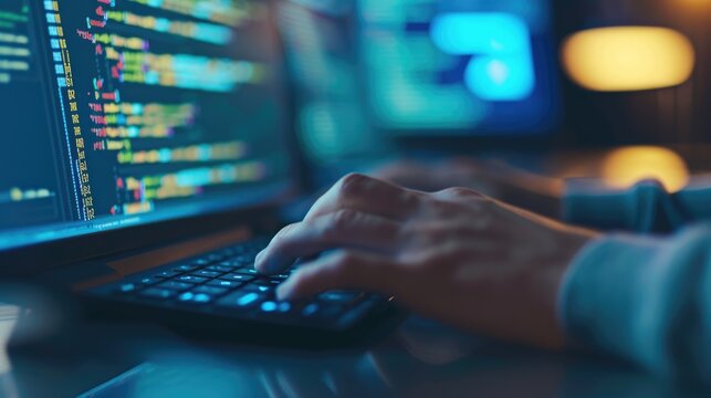 Close-up of a programmer's hands typing on a backlit keyboard, with lines of code displayed across multiple computer screens. AIG41