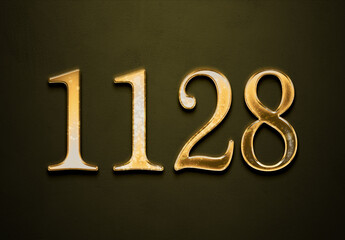 Old gold effect of 1128 number with 3D glossy style Mockup.	