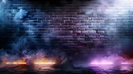 Neon lights and smoke against a blue and purple brick wall background. Concept Neon Lights, Smoke Effects, Brick Wall Background, Blue and Purple Color Palette