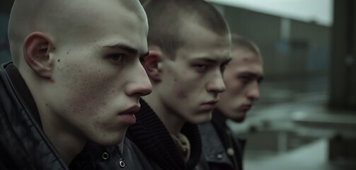 Three young men with intense expressions and shaved heads, dressed in dark urban clothing.
