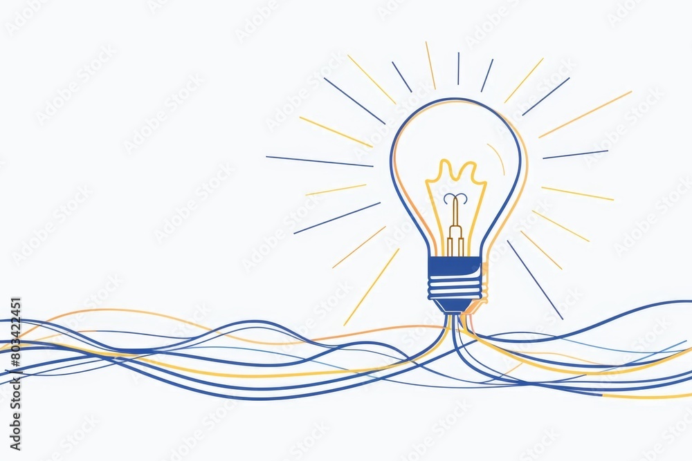 Poster a simple line drawing of an idea bulb connected to the wires with one continuous stroke, symbolizing