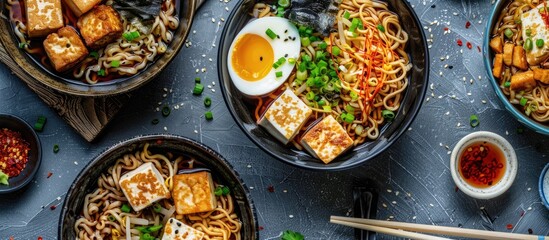 Asian Miso ramen noodles with egg, tofu, and enoki served in bowls on a grey wooden backdrop.