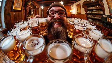 Joyful bearded man smiling through multiple mugs of beer in a cozy bar setting.