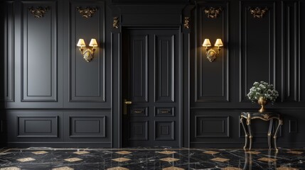 A black room with a gold table and two doors, AI